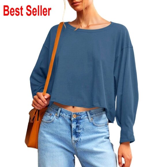 Tops - Long Sleeve Crop Top Loose Fit Crew Neck Athletic Workout Tee Shirt